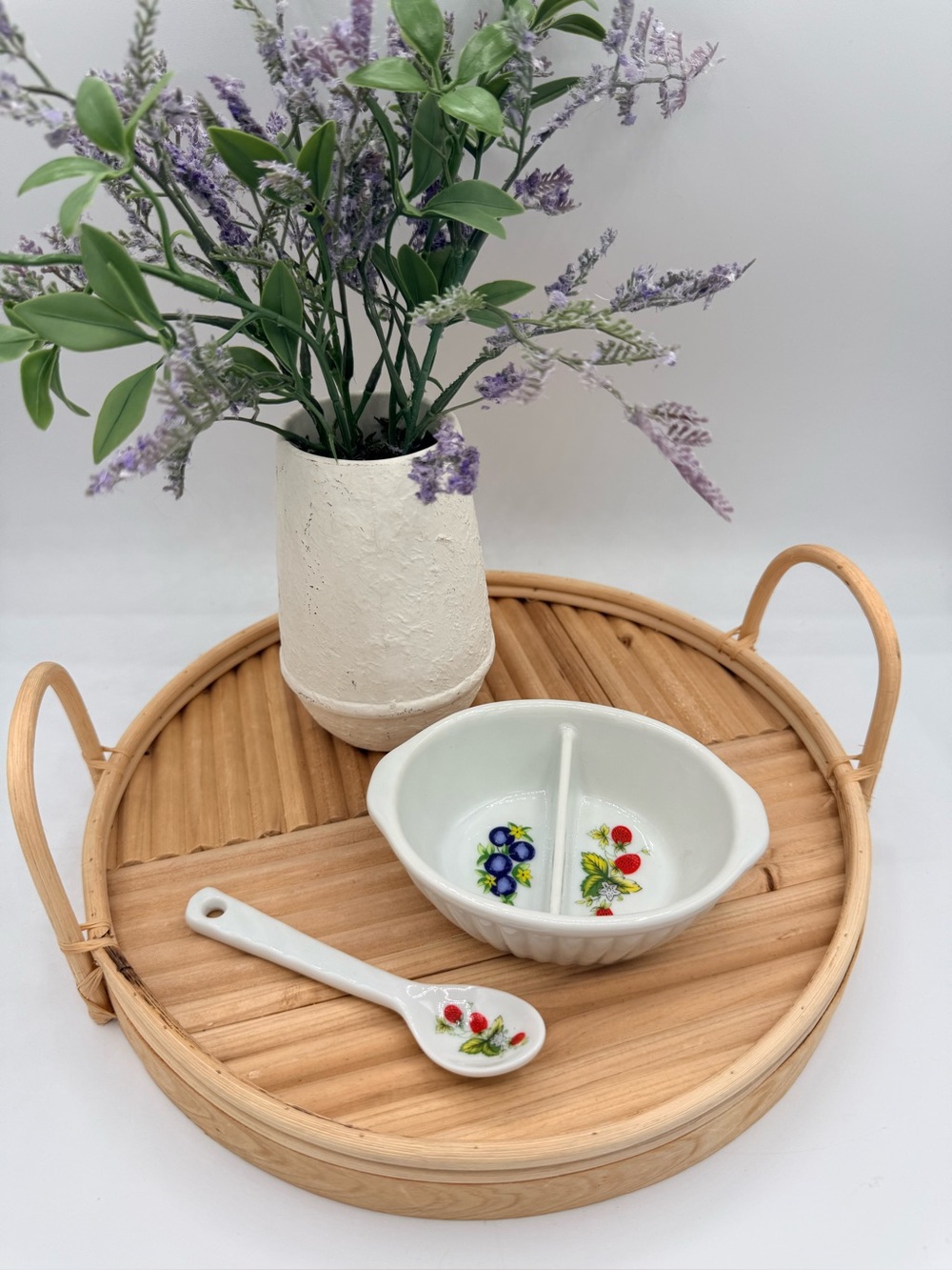 Vintage Ceramic Divided Jam Jelly Relish Dish & Spoon Set - Berry Pattern